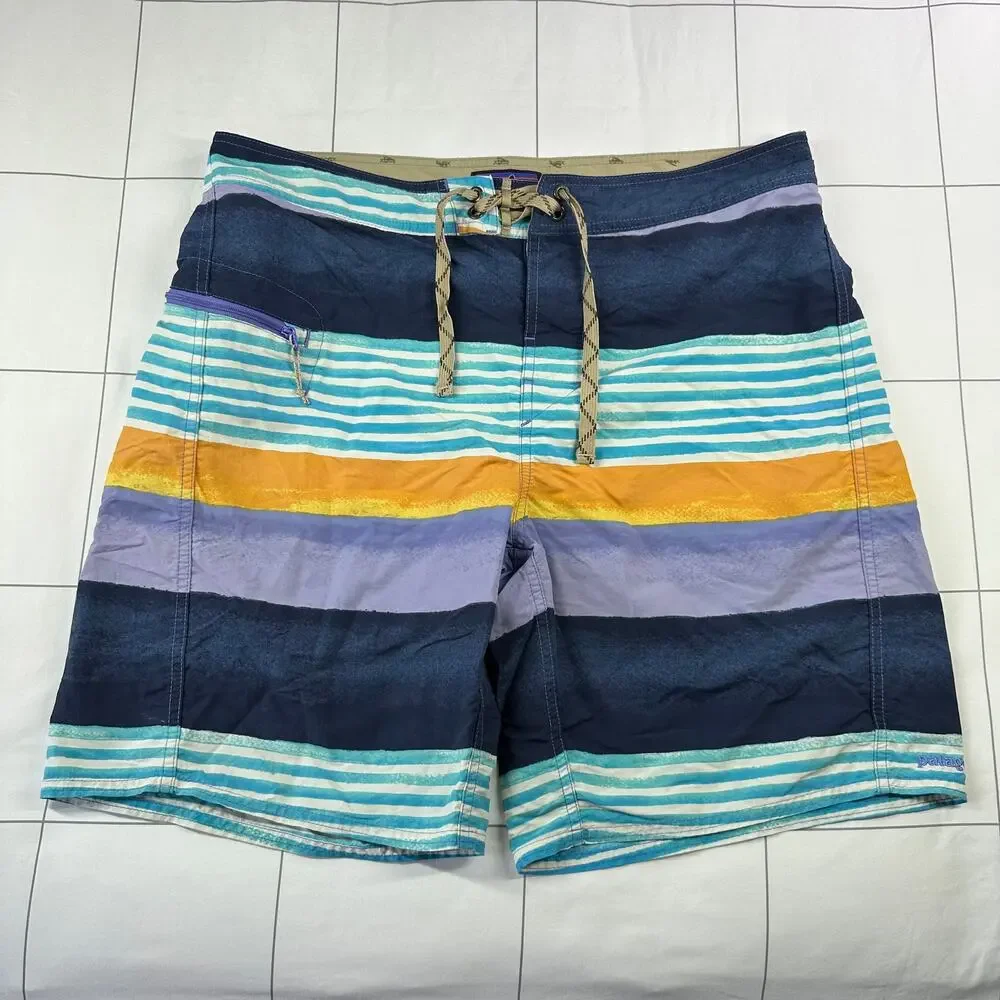 Patagonia Board Shorts Mens 35 Blue Multi Printed Wavefarer Striped Beach Swim